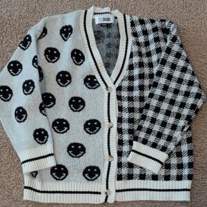 Smiley Face & Checker Knit Cardigan - Black & Ivory